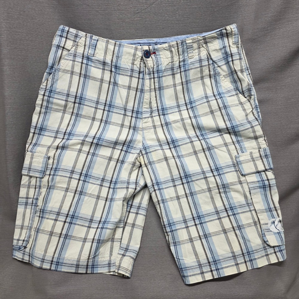 Canterbury of New Zealand Mens Plaid Cargo Shorts Blue White Size 38 Cotton